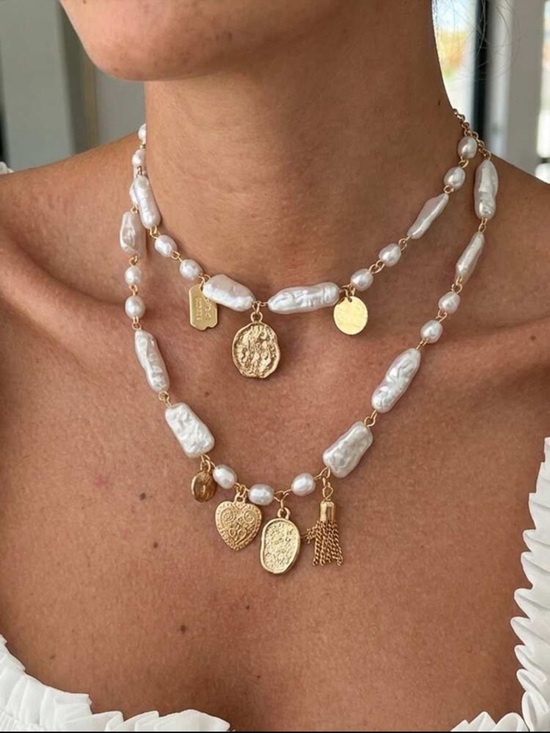 Anthropologie Jewelry - New White Baroque Vegan Pearl Layered Necklace with Gold Charms